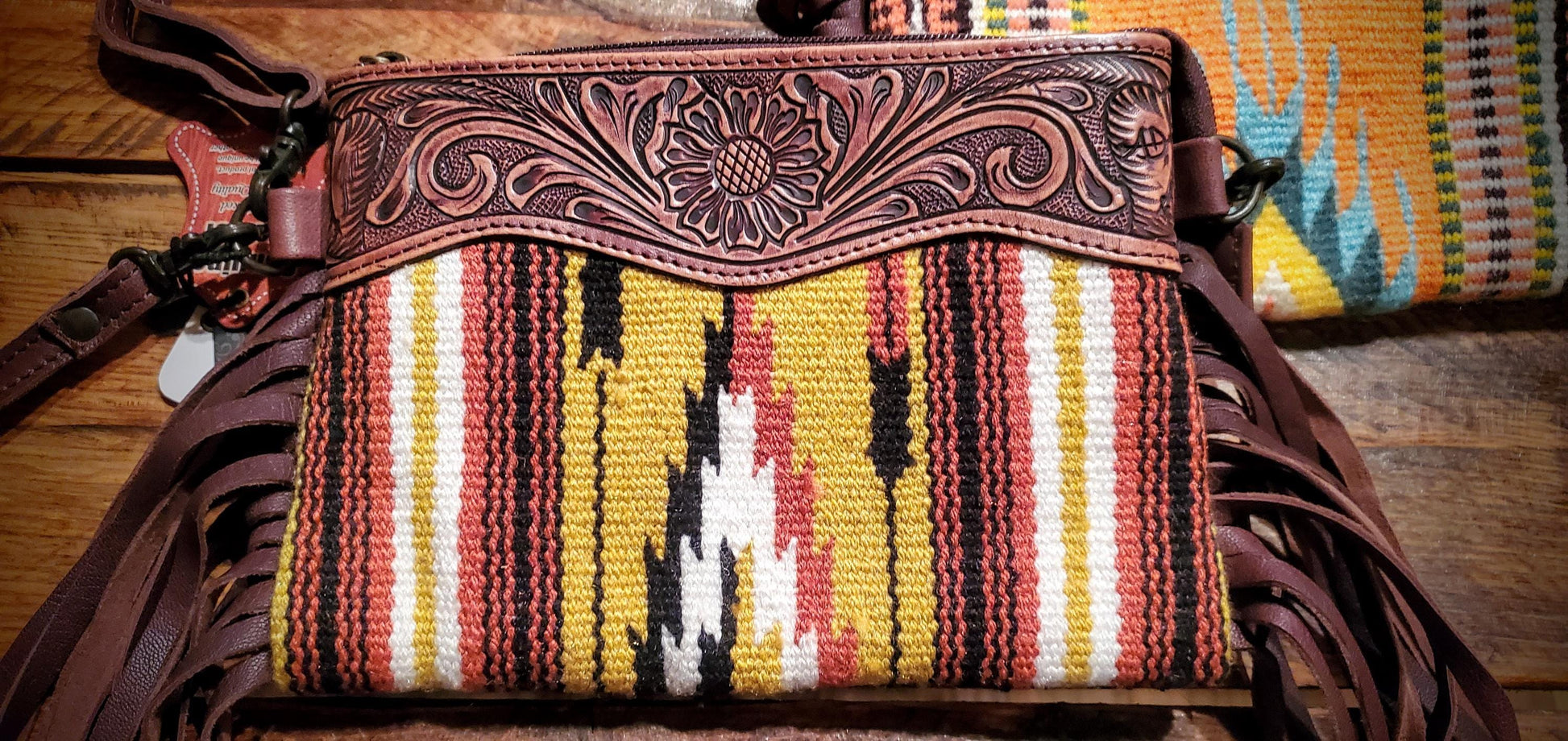 Genuine Western Tooled Leather & Aztec Saddle Blanket Fringe Crossbody Purse