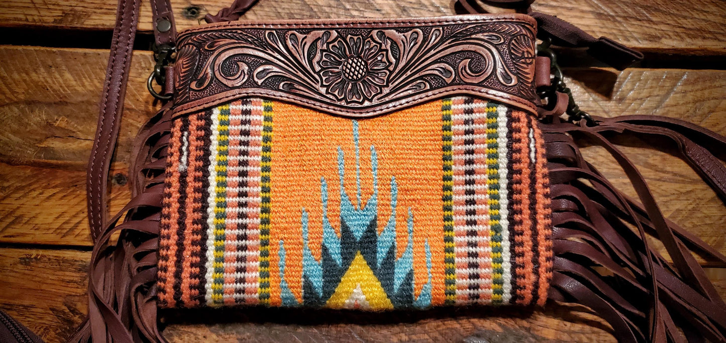 Genuine Western Tooled Leather & Aztec Saddle Blanket Fringe Crossbody Purse