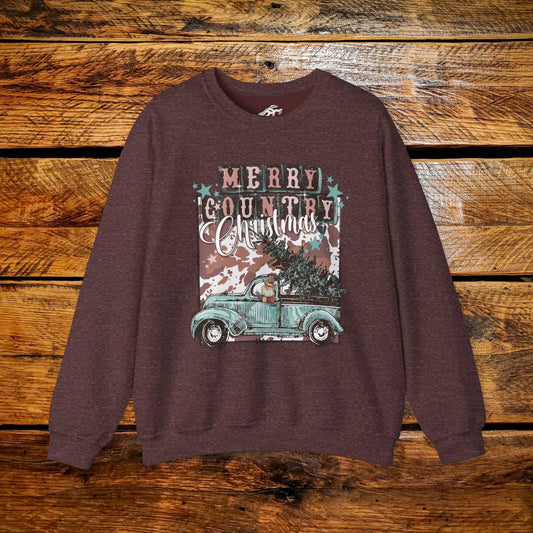 Merry Country Christmas Cowboy Santa in Retro Truck - Premium Vintage Western Sweatshirt - Pick Your Color - Youth & Adult Sizes