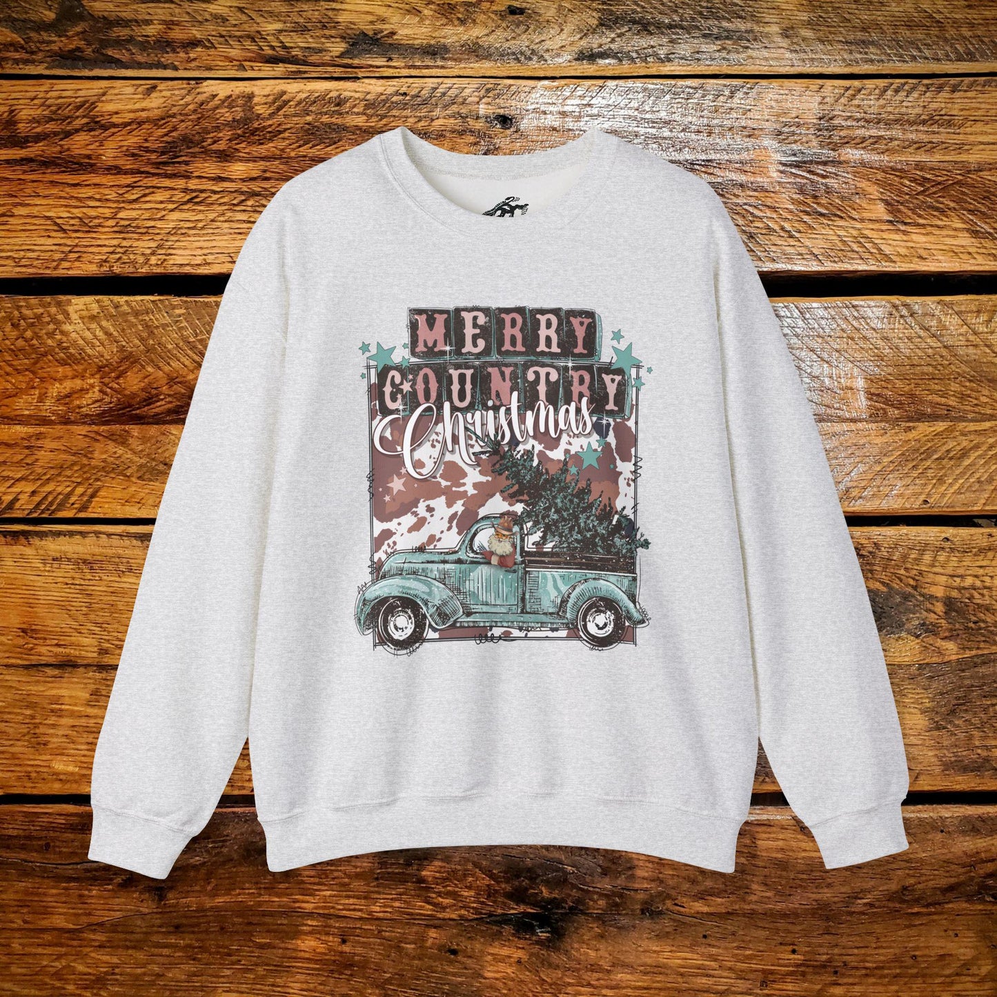 Merry Country Christmas Cowboy Santa in Retro Truck - Premium Vintage Western Sweatshirt - Pick Your Color - Youth & Adult Sizes