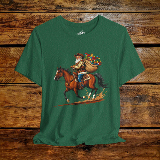 Vintage Cowboy Santa Riding Horse - Premium Extra Soft Vintage Western Tee Shirt - Pick Your Color - Baby, Toddler, Youth, Adult Sizes