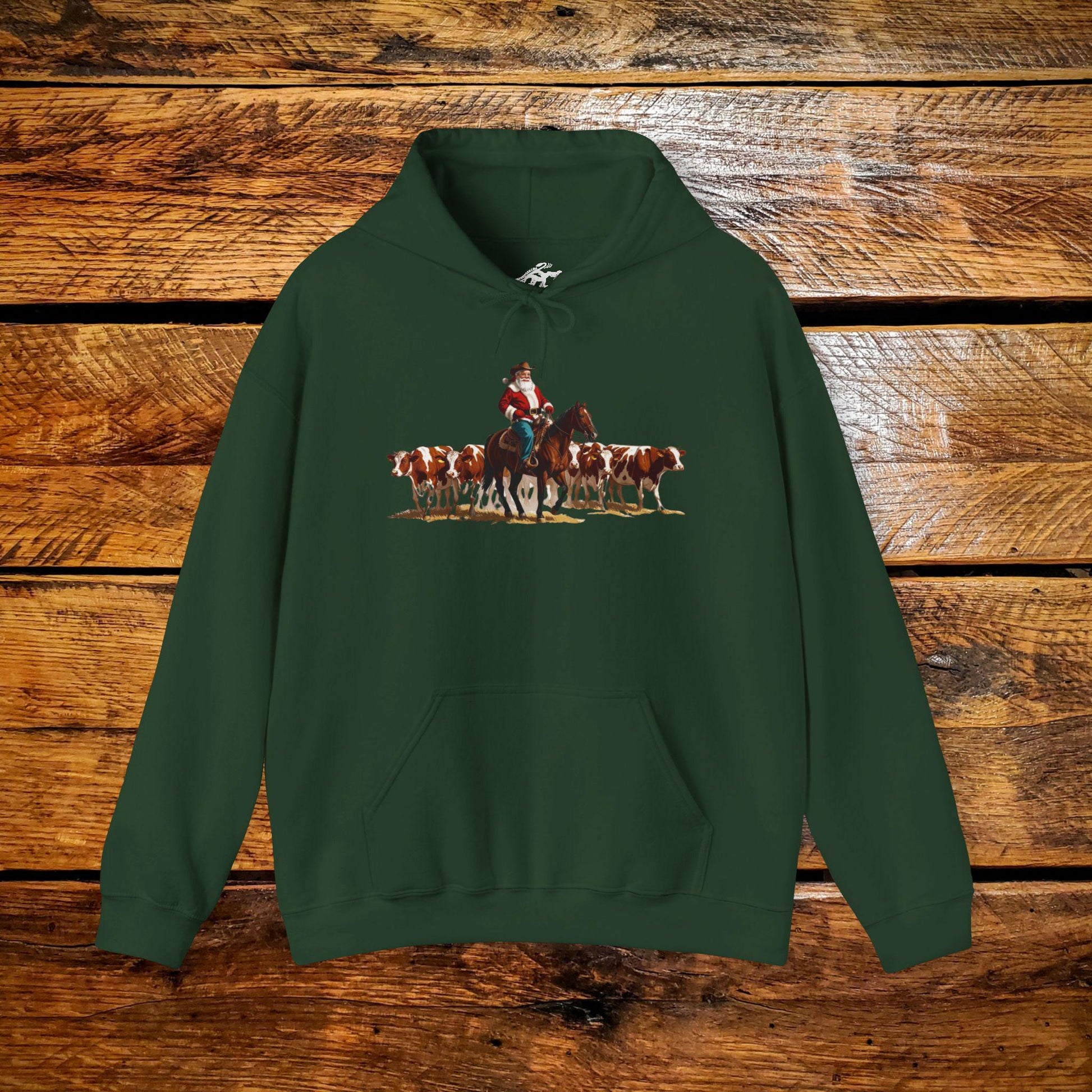 Vintage Ranch Cowboy Santa Checking Cows - Premium Vintage Western Hoodie - Pick Your Color - Youth & Adult Sizes