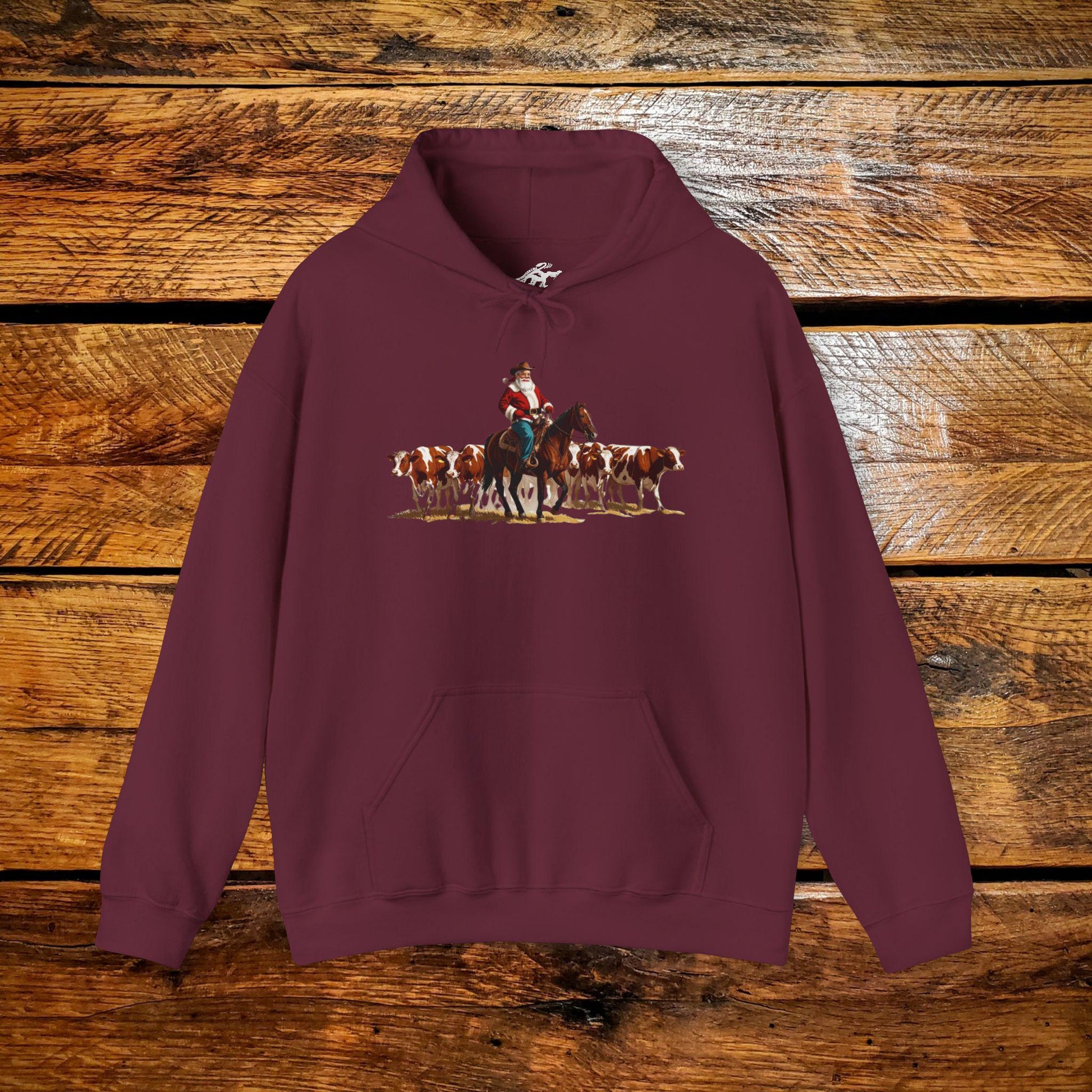 Vintage Ranch Cowboy Santa Checking Cows - Premium Vintage Western Hoodie - Pick Your Color - Youth & Adult Sizes