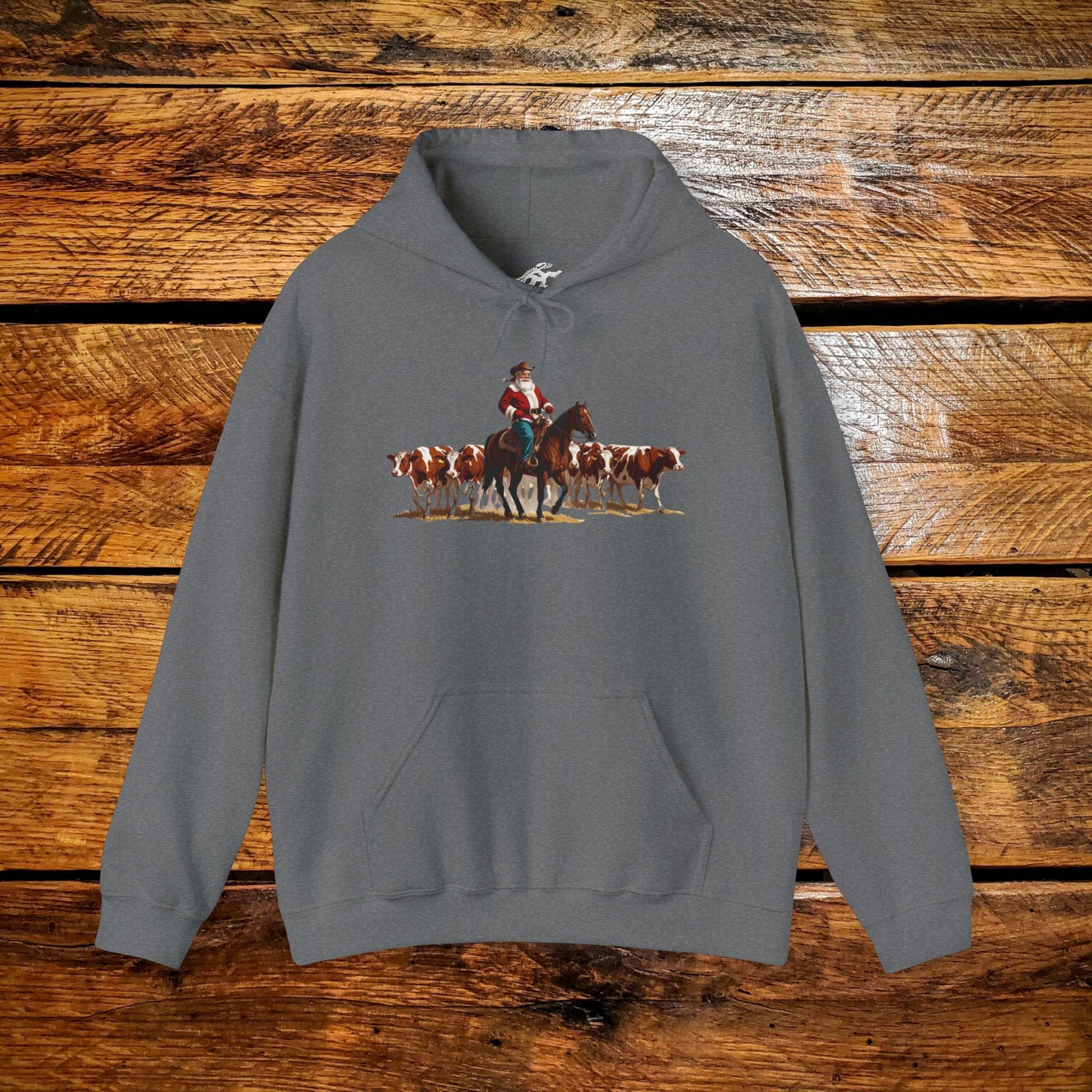 Vintage Ranch Cowboy Santa Checking Cows - Premium Vintage Western Hoodie - Pick Your Color - Youth & Adult Sizes