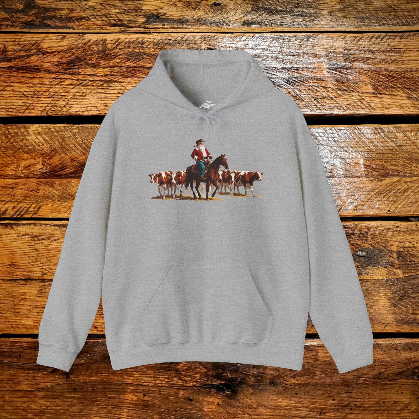 Vintage Ranch Cowboy Santa Checking Cows - Premium Vintage Western Hoodie - Pick Your Color - Youth & Adult Sizes