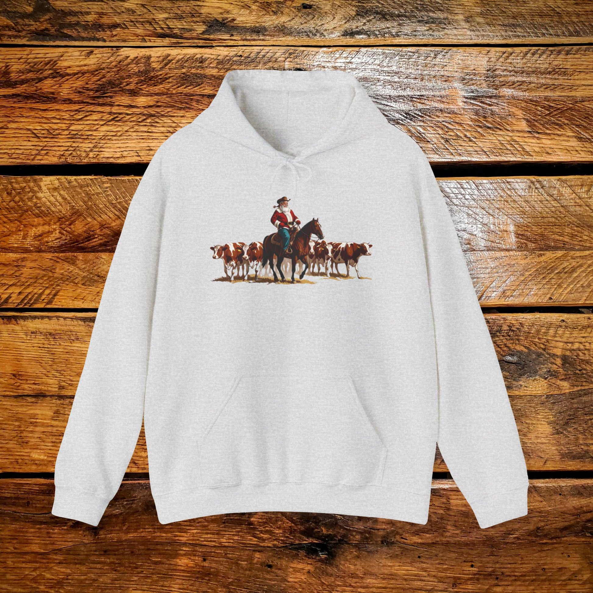 Vintage Ranch Cowboy Santa Checking Cows - Premium Vintage Western Hoodie - Pick Your Color - Youth & Adult Sizes