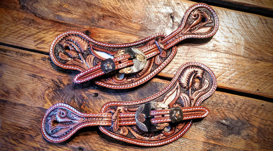 Vintage Style Tooled Leather Spur Straps with Fancy Engraved Buckles & Conchos