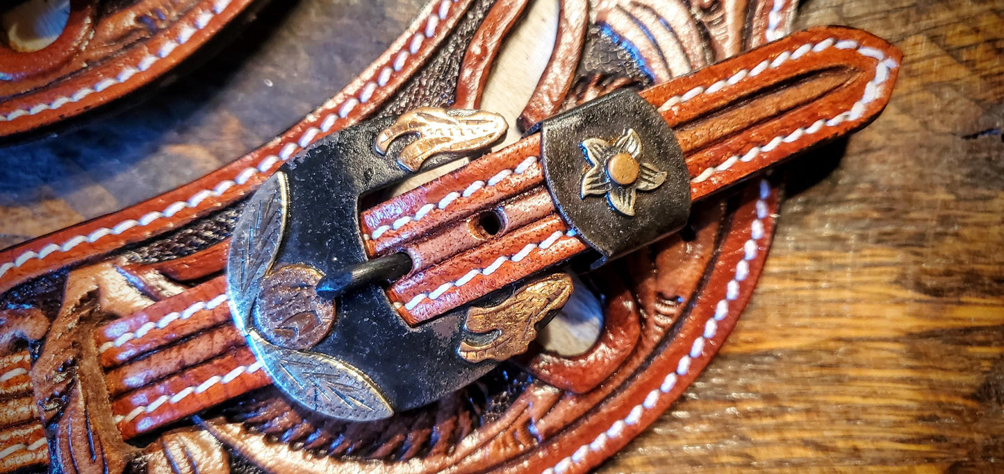 Vintage Style Tooled Leather Spur Straps with Fancy Engraved Buckles & Conchos