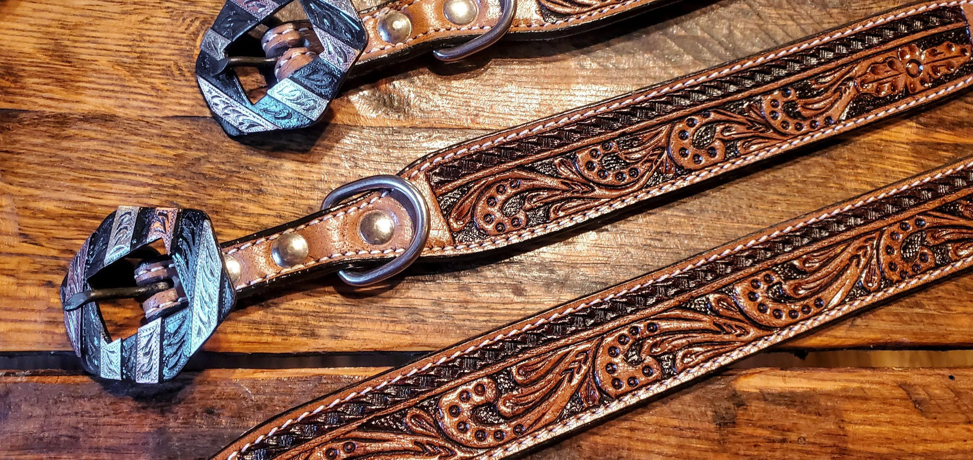 Genuine Hand Tooled Leather Dog Collars with Fancy Engraved Buckles - Great Gifts & Stocking Stuffers!