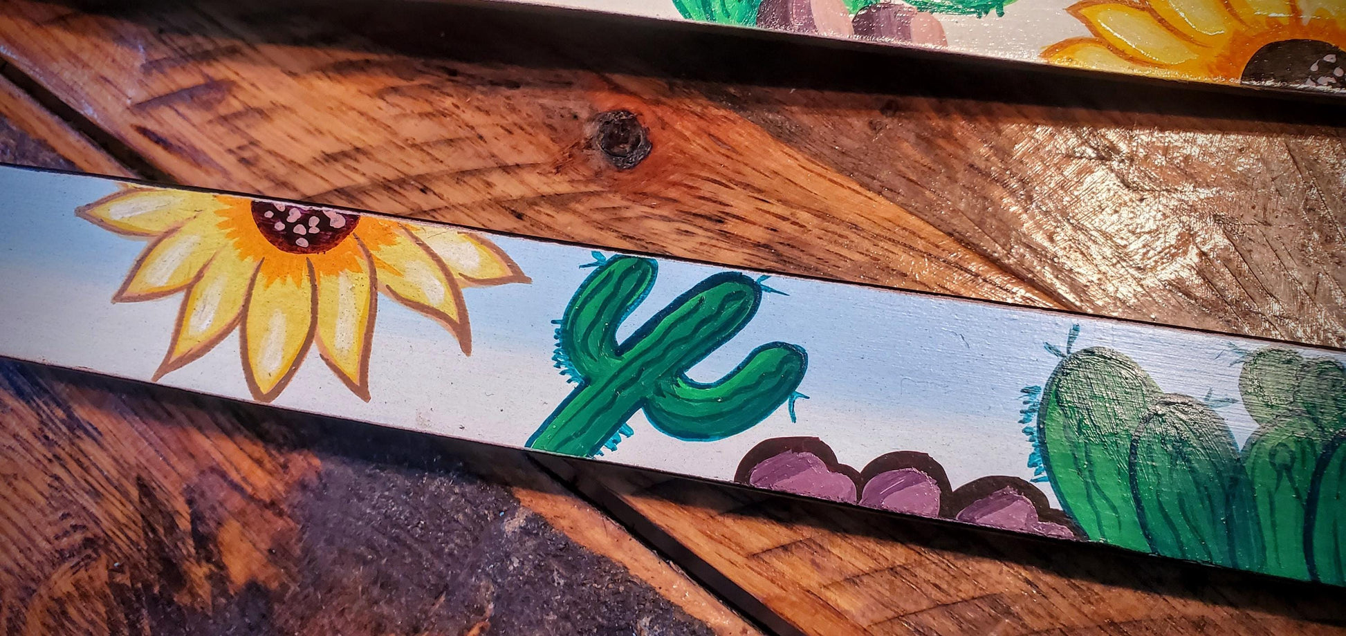 Genuine Hand Painted Sunflower Cactus Leather Dog Collars with Fancy Engraved Buckles - Great Gifts & Stocking Stuffers!