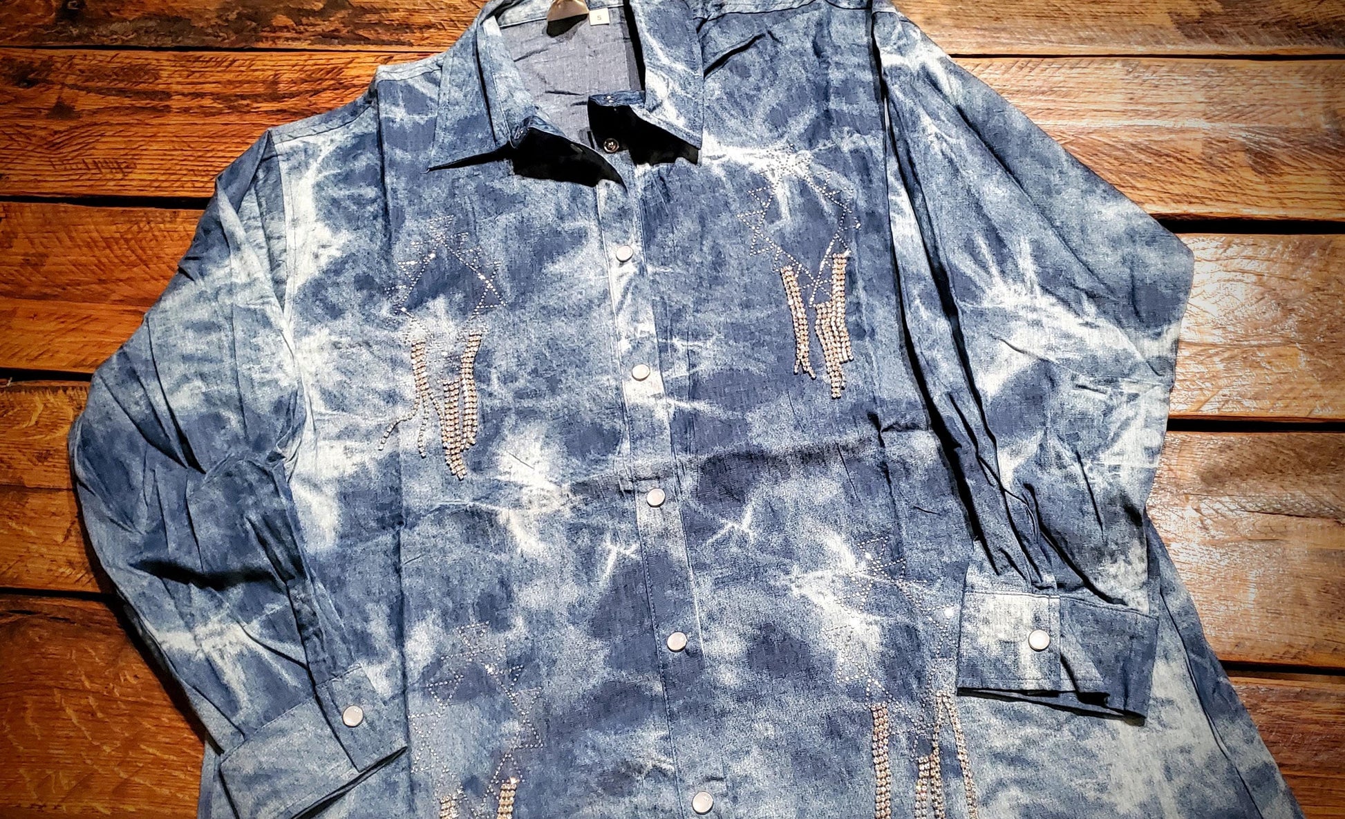 Tie-Dye Distressed Denim Pearl Snap Button Down Shirt with Rhinestone Aztec Embellishments