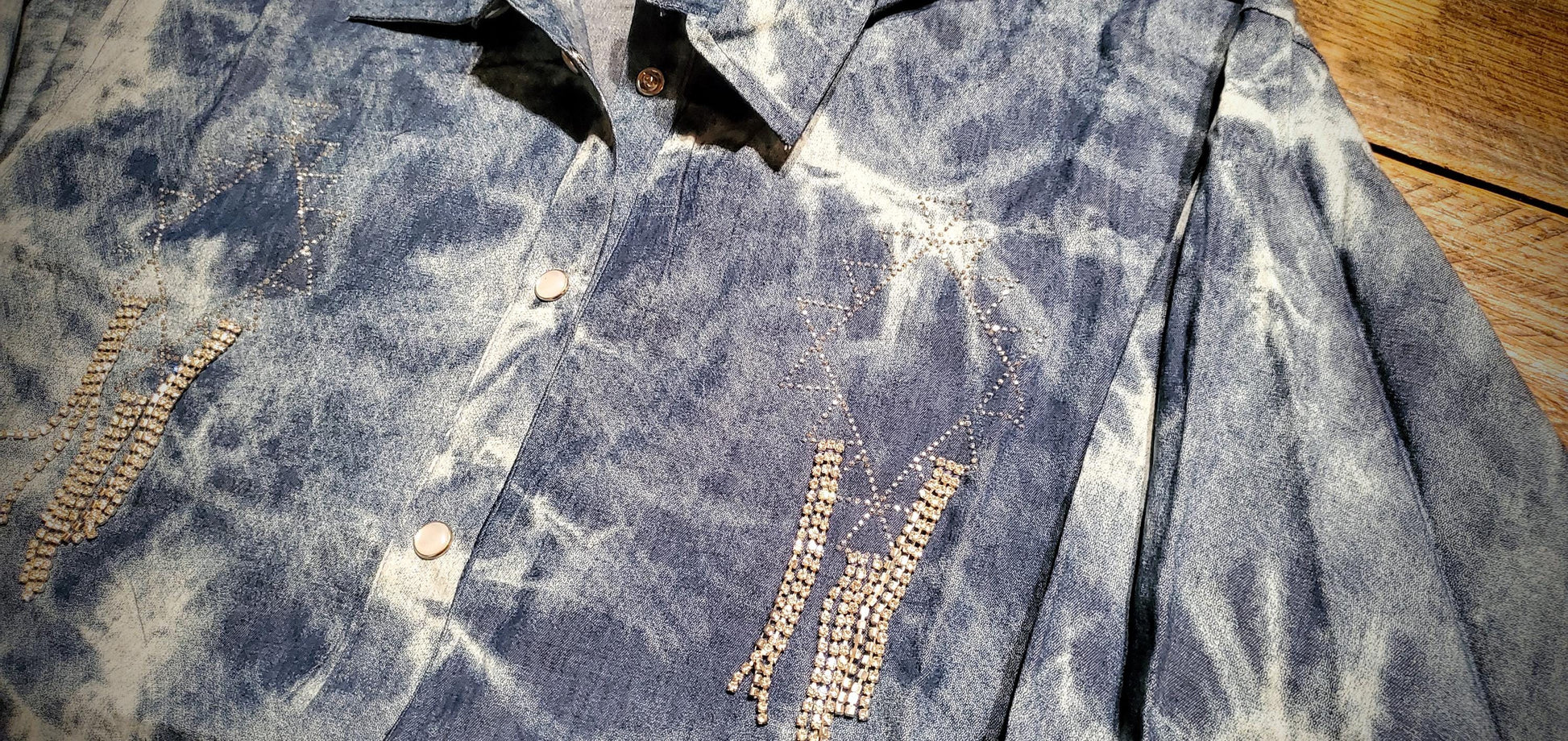 Tie-Dye Distressed Denim Pearl Snap Button Down Shirt with Rhinestone Aztec Embellishments