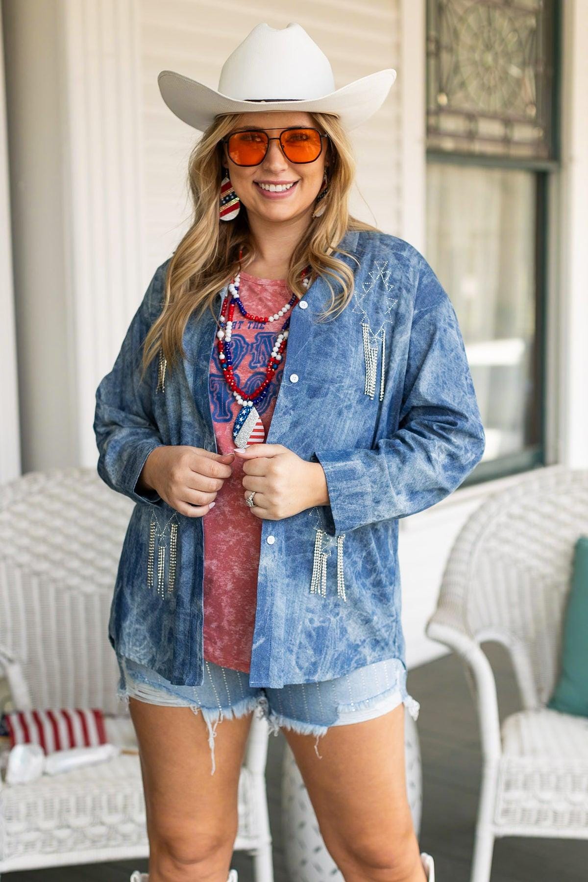 Tie-Dye Distressed Denim Pearl Snap Button Down Shirt with Rhinestone Aztec Embellishments