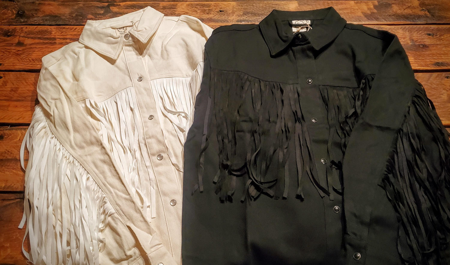 Full Fringe Denim Pearl Snap Jacket in Ivory or Ebony!