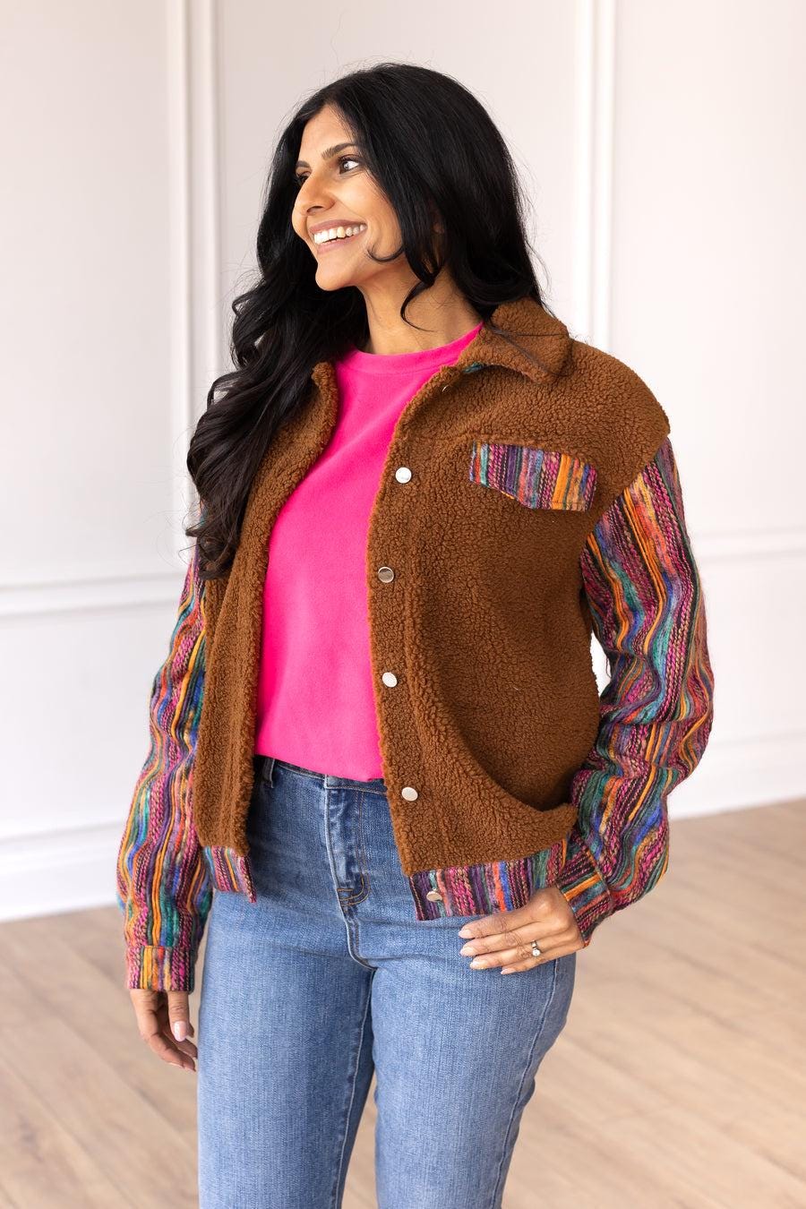 Retro Colorful Textured Sherpa Shacket Shirt Jacket - Women's Small to 3XL!