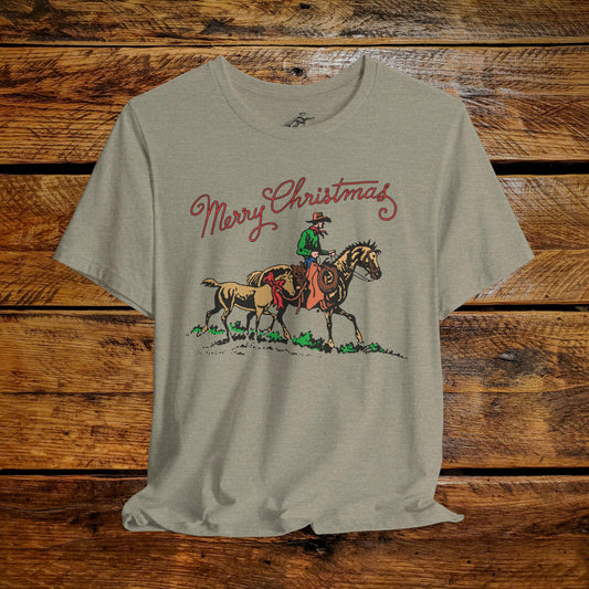 Merry Christmas Cowboy & Pony with Bow - Premium Extra Soft Vintage Western Tee Shirt - Pick Your Color - Baby, Toddler, Youth, Adult Sizes