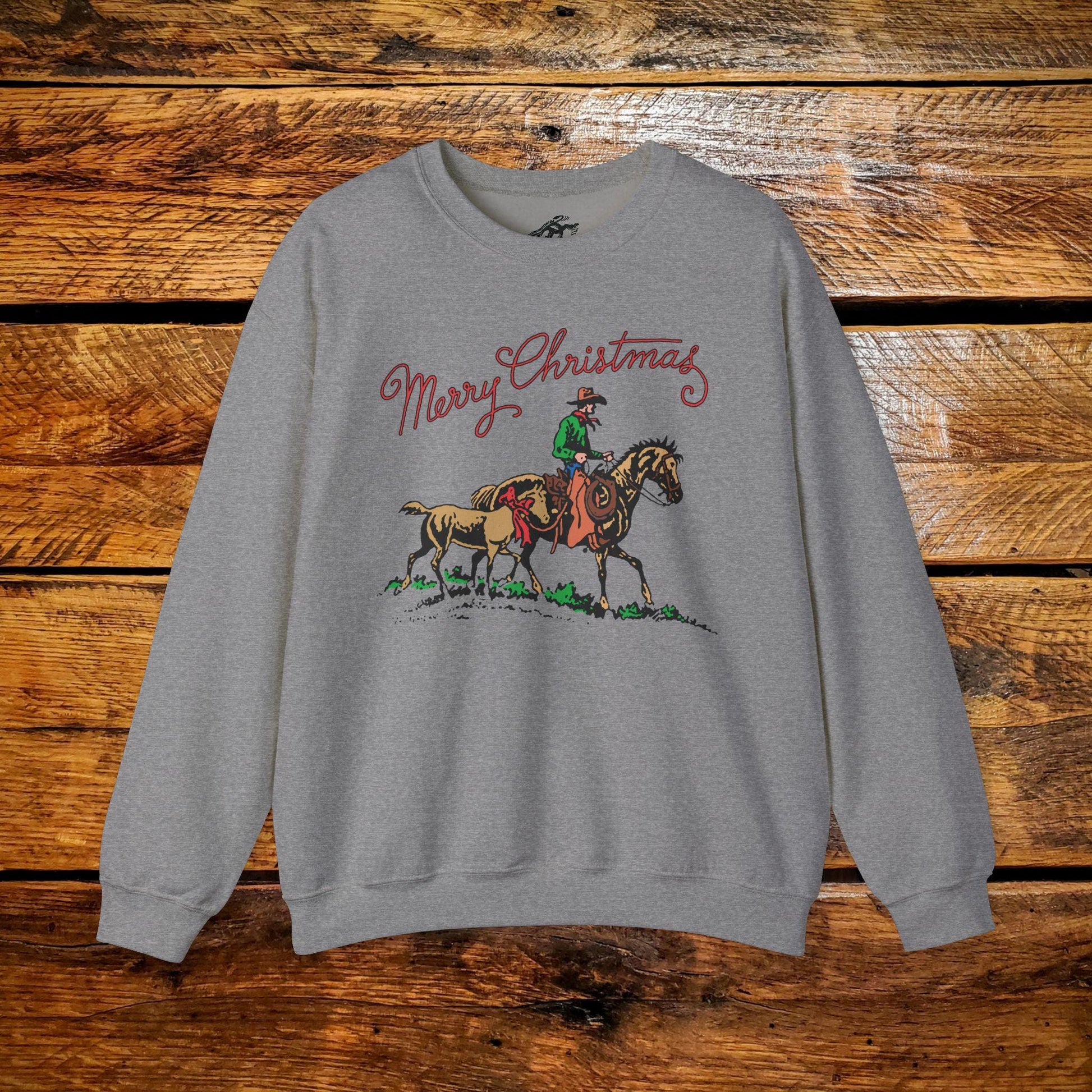 Merry Christmas Cowboy Pony with Bow - Premium Vintage Western Sweatshirt - Pick Your Color - Youth & Adult Sizes