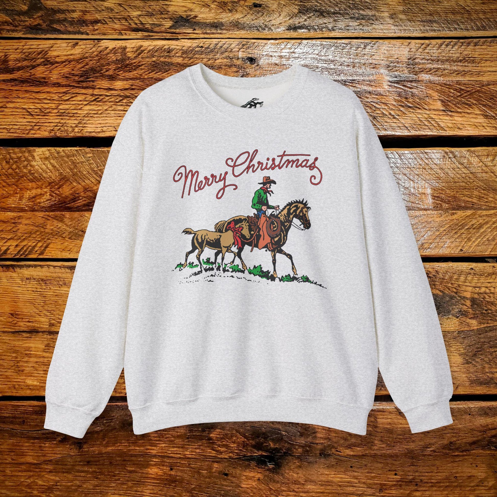 Merry Christmas Cowboy Pony with Bow - Premium Vintage Western Sweatshirt - Pick Your Color - Youth & Adult Sizes