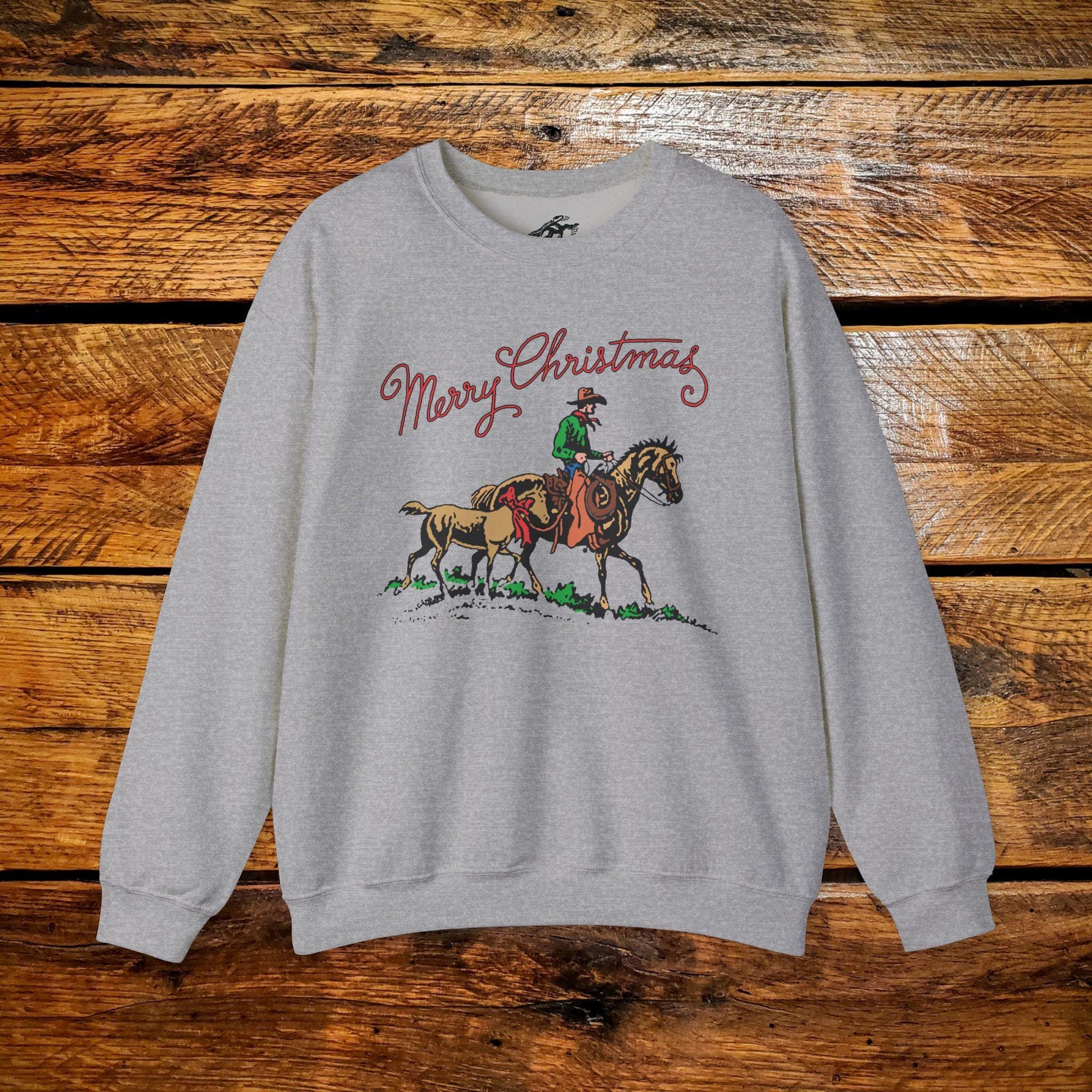 Merry Christmas Cowboy Pony with Bow - Premium Vintage Western Sweatshirt - Pick Your Color - Youth & Adult Sizes