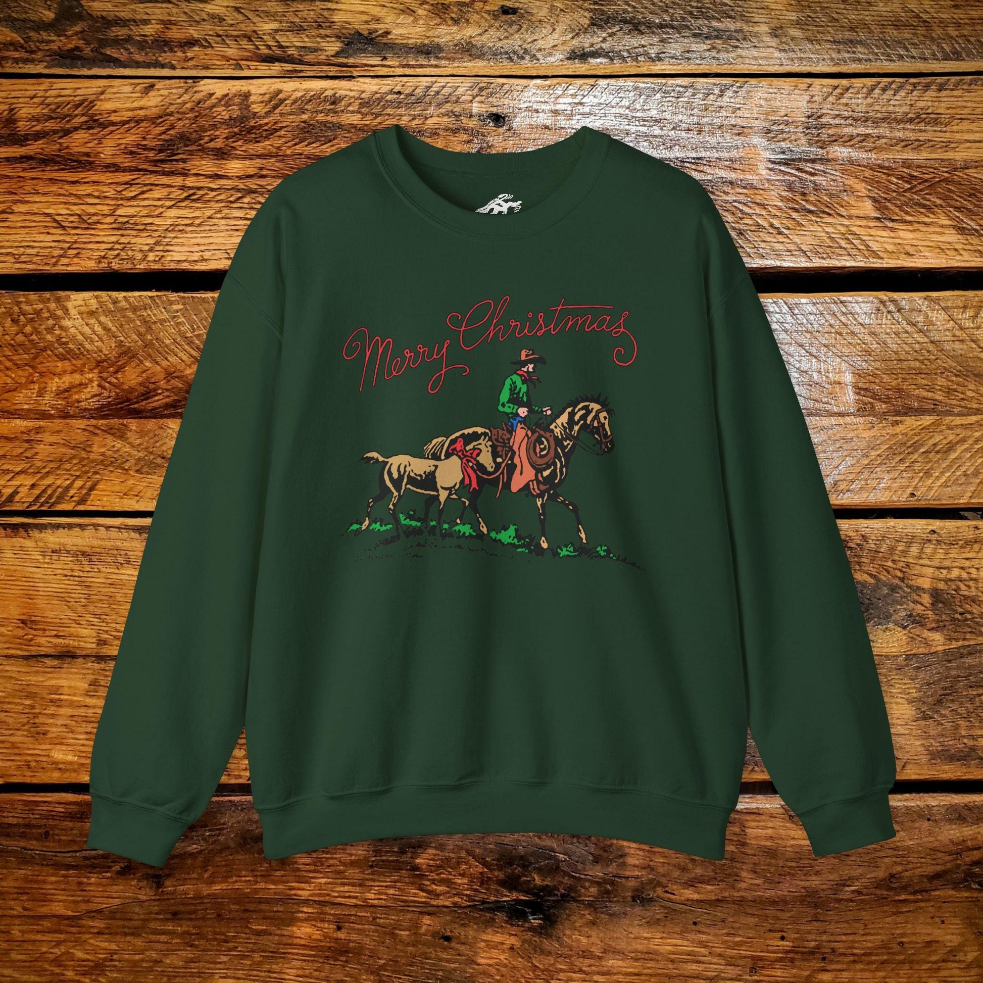 Merry Christmas Cowboy Pony with Bow - Premium Vintage Western Sweatshirt - Pick Your Color - Youth & Adult Sizes