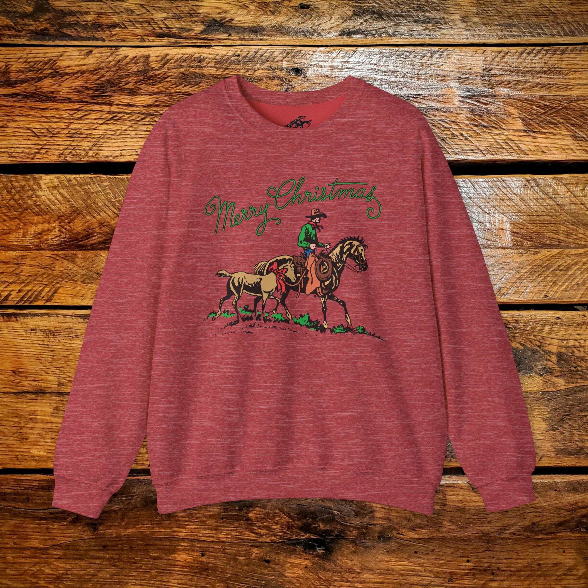 Merry Christmas Cowboy Pony with Bow - Premium Vintage Western Sweatshirt - Pick Your Color - Youth & Adult Sizes