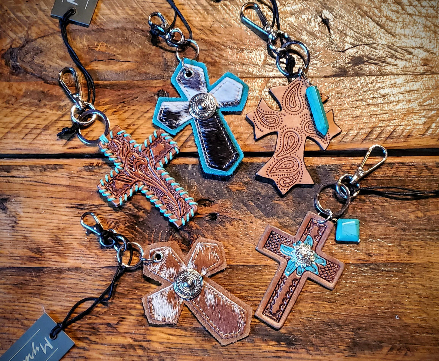 Tooled Leather Cross Key Chains / Bag Charms - Great Cheap Gifts & Stocking Stuffers!