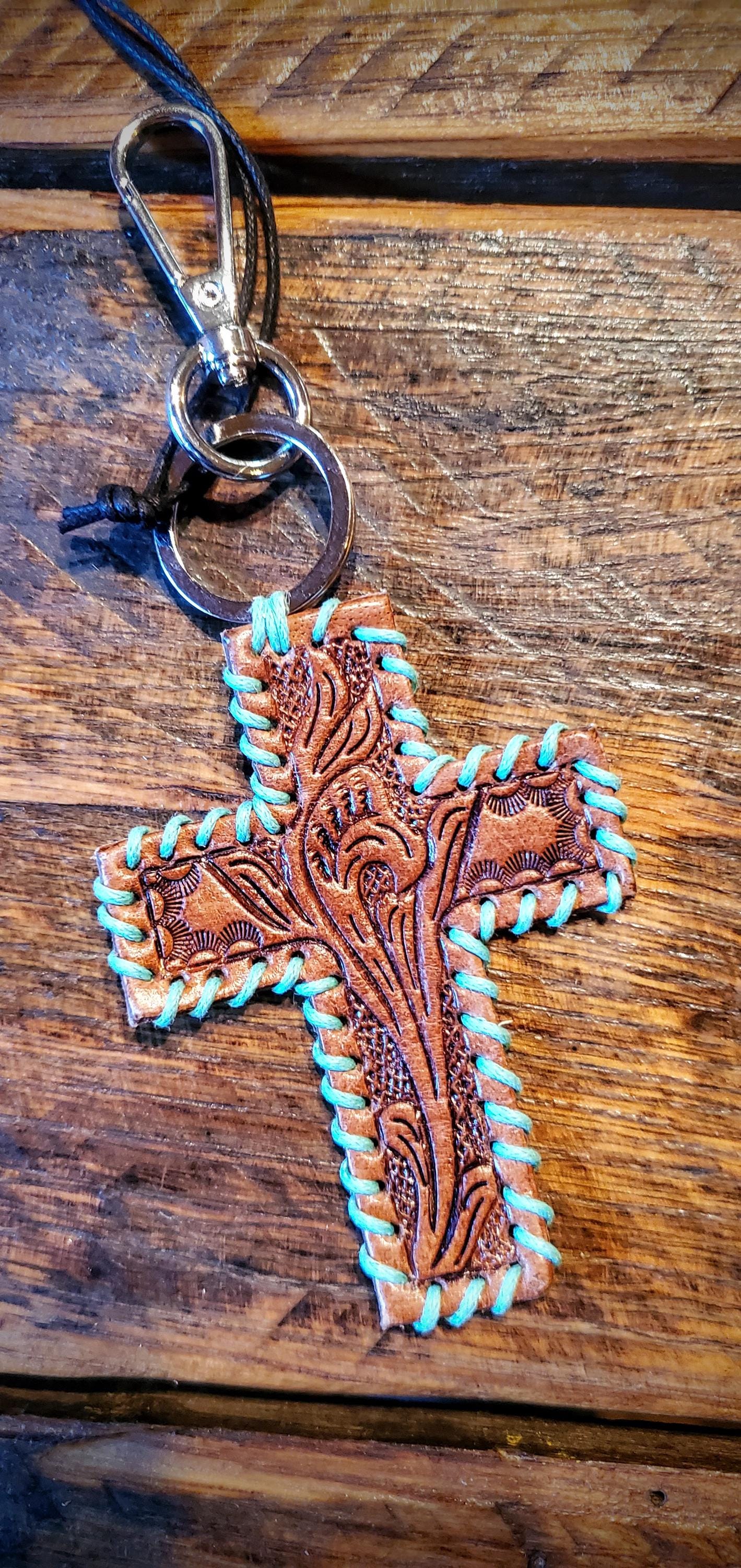 Tooled Leather Cross Key Chains / Bag Charms - Great Cheap Gifts & Stocking Stuffers!