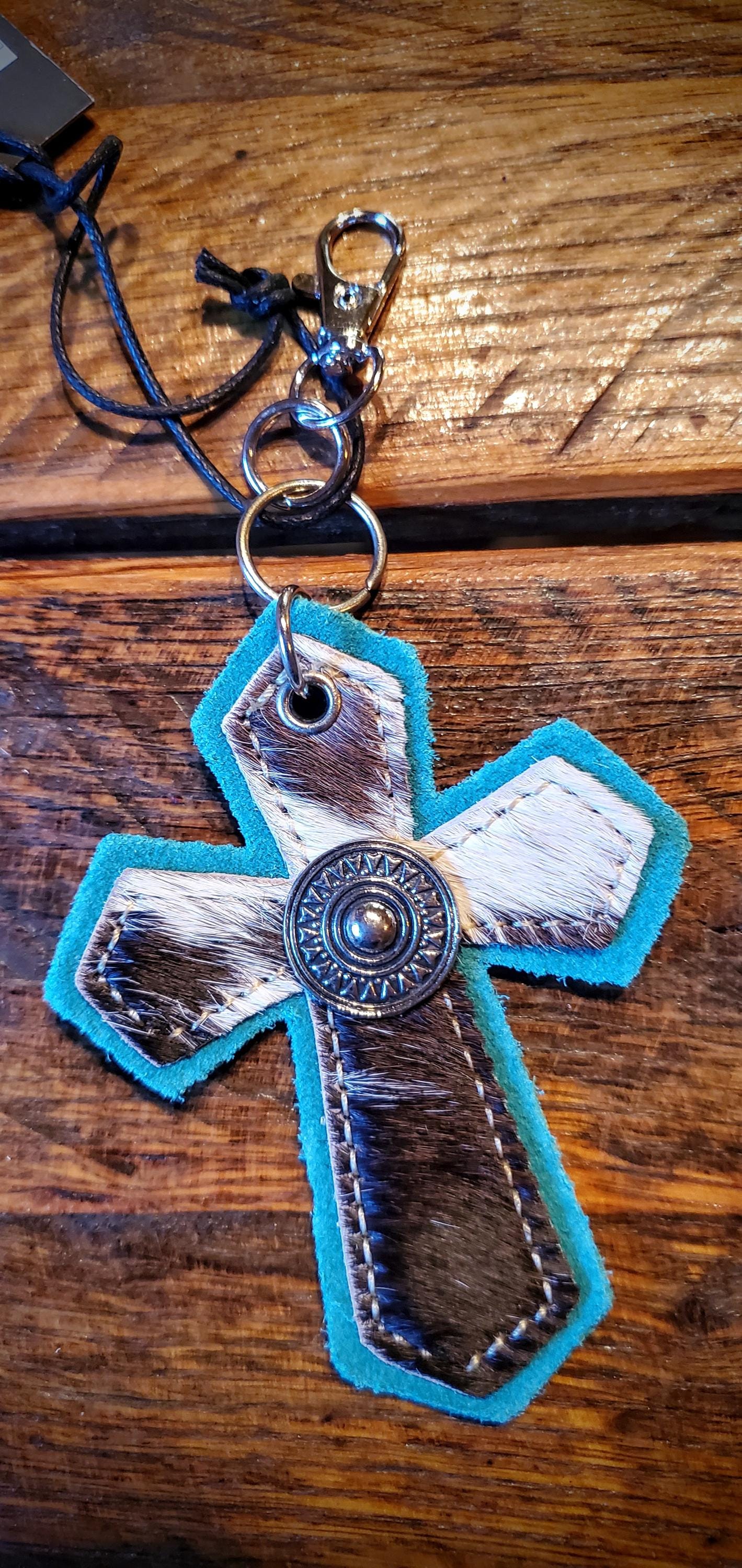 Tooled Leather Cross Key Chains / Bag Charms - Great Cheap Gifts & Stocking Stuffers!