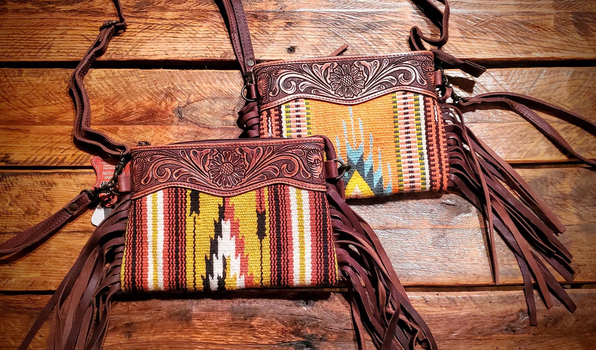 Genuine Western Tooled Leather & Aztec Saddle Blanket Fringe Crossbody Purse