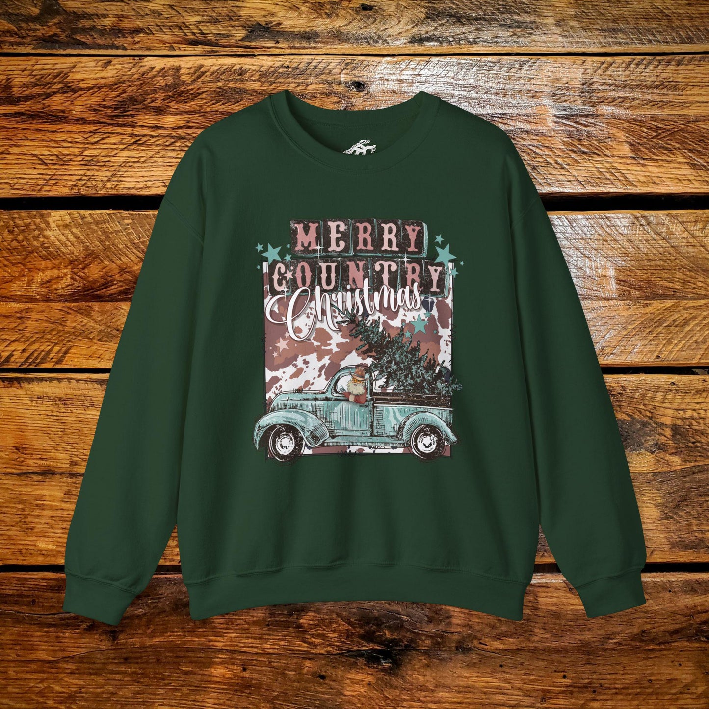 Merry Country Christmas Cowboy Santa in Retro Truck - Premium Vintage Western Sweatshirt - Pick Your Color - Youth & Adult Sizes