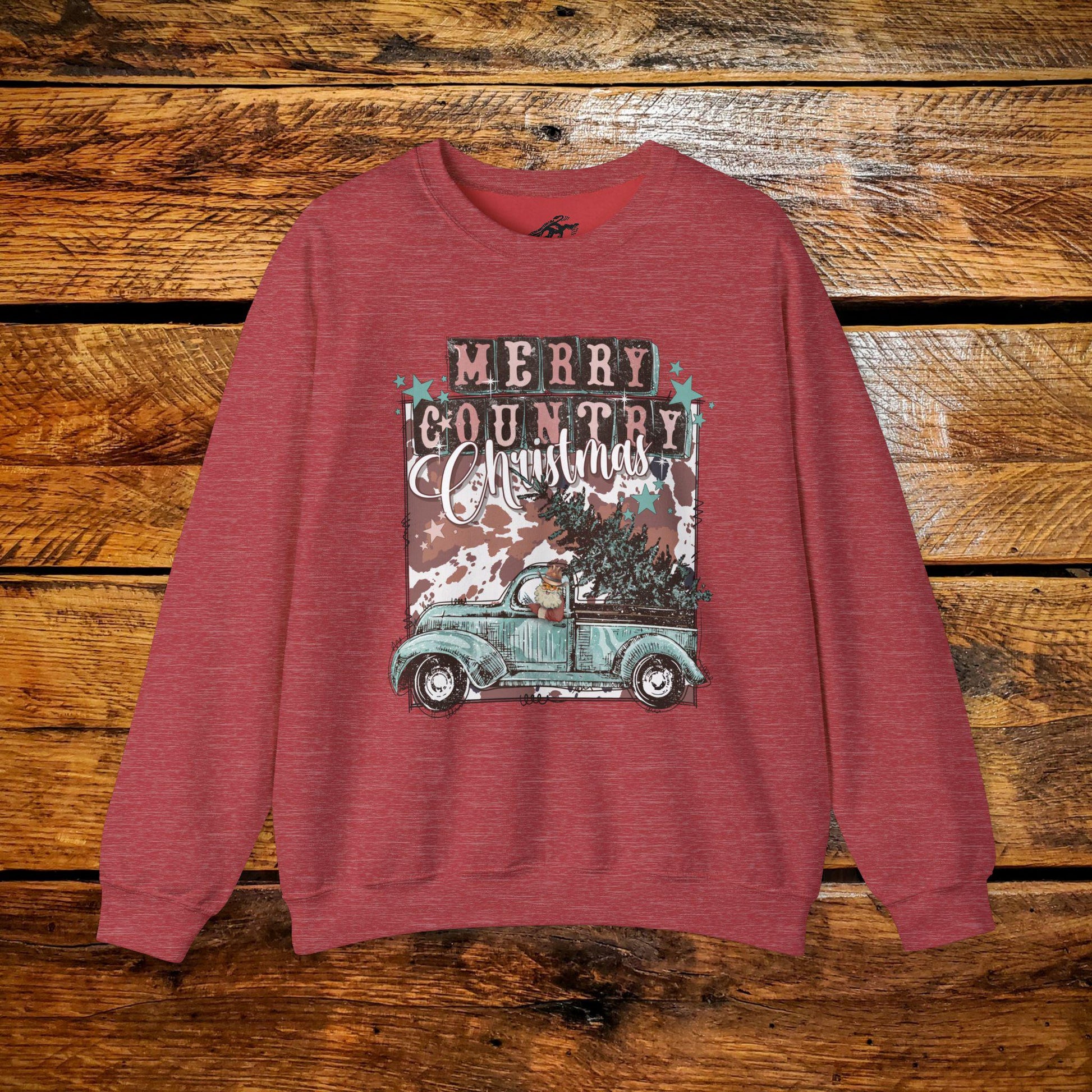 Merry Country Christmas Cowboy Santa in Retro Truck - Premium Vintage Western Sweatshirt - Pick Your Color - Youth & Adult Sizes