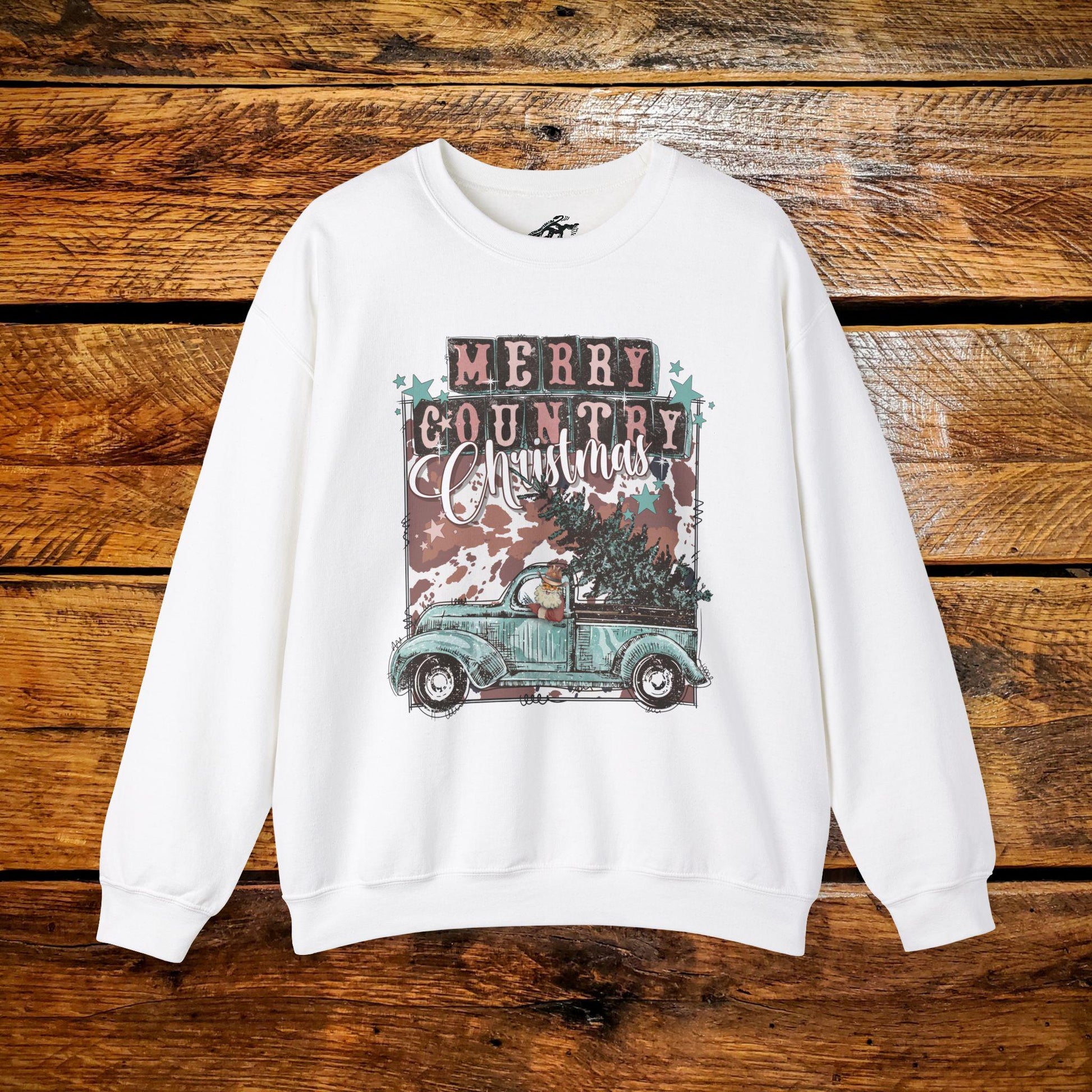 Merry Country Christmas Cowboy Santa in Retro Truck - Premium Vintage Western Sweatshirt - Pick Your Color - Youth & Adult Sizes