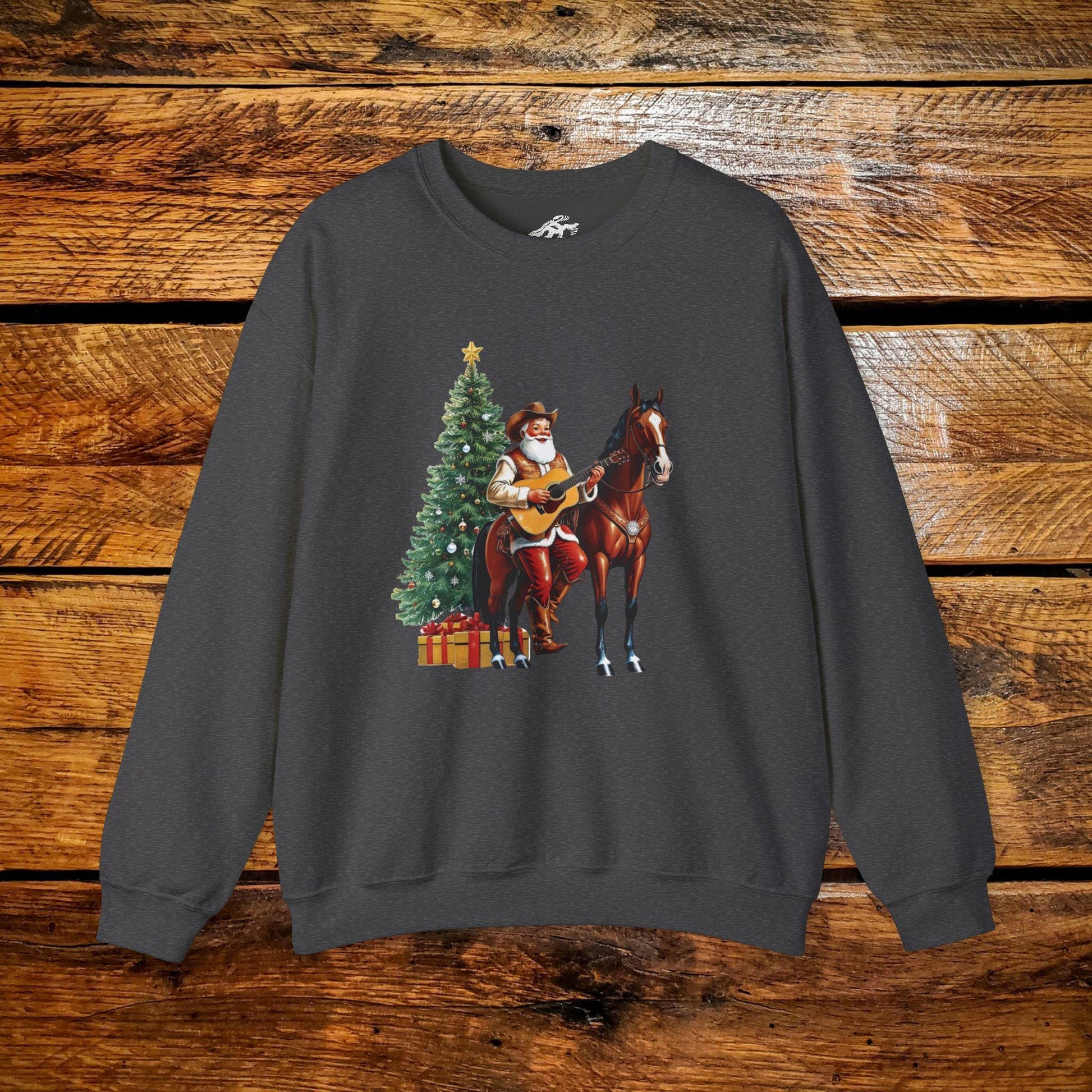 Vintage Cowboy Santa Rockin' Around the Christmas Tree Guitar - Premium Vintage Western Sweatshirt - Pick Your Color - Youth & Adult Sizes