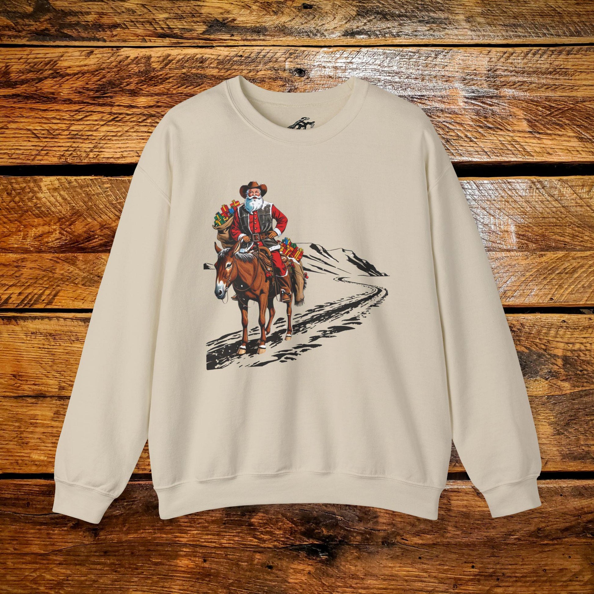 Vintage Muleskinner Santa Riding Mule with Toys - Premium Vintage Western Sweatshirt - Pick Your Color - Youth & Adult Sizes