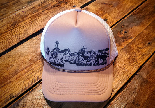 Ranch Cattle Drive Hand Drawn Retro Foam Trucker Hat with Rope Detail