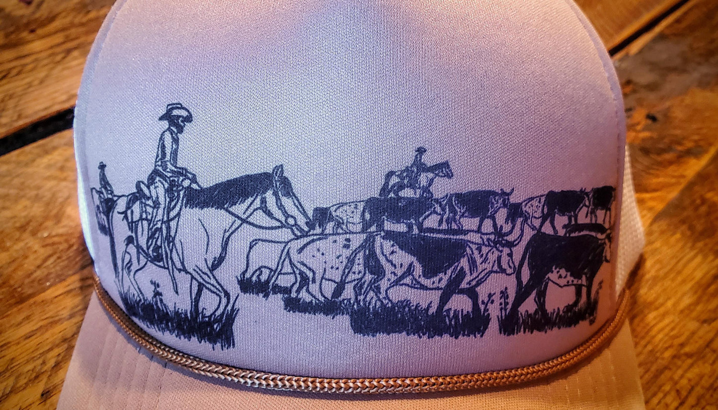 Ranch Cattle Drive Hand Drawn Retro Foam Trucker Hat with Rope Detail