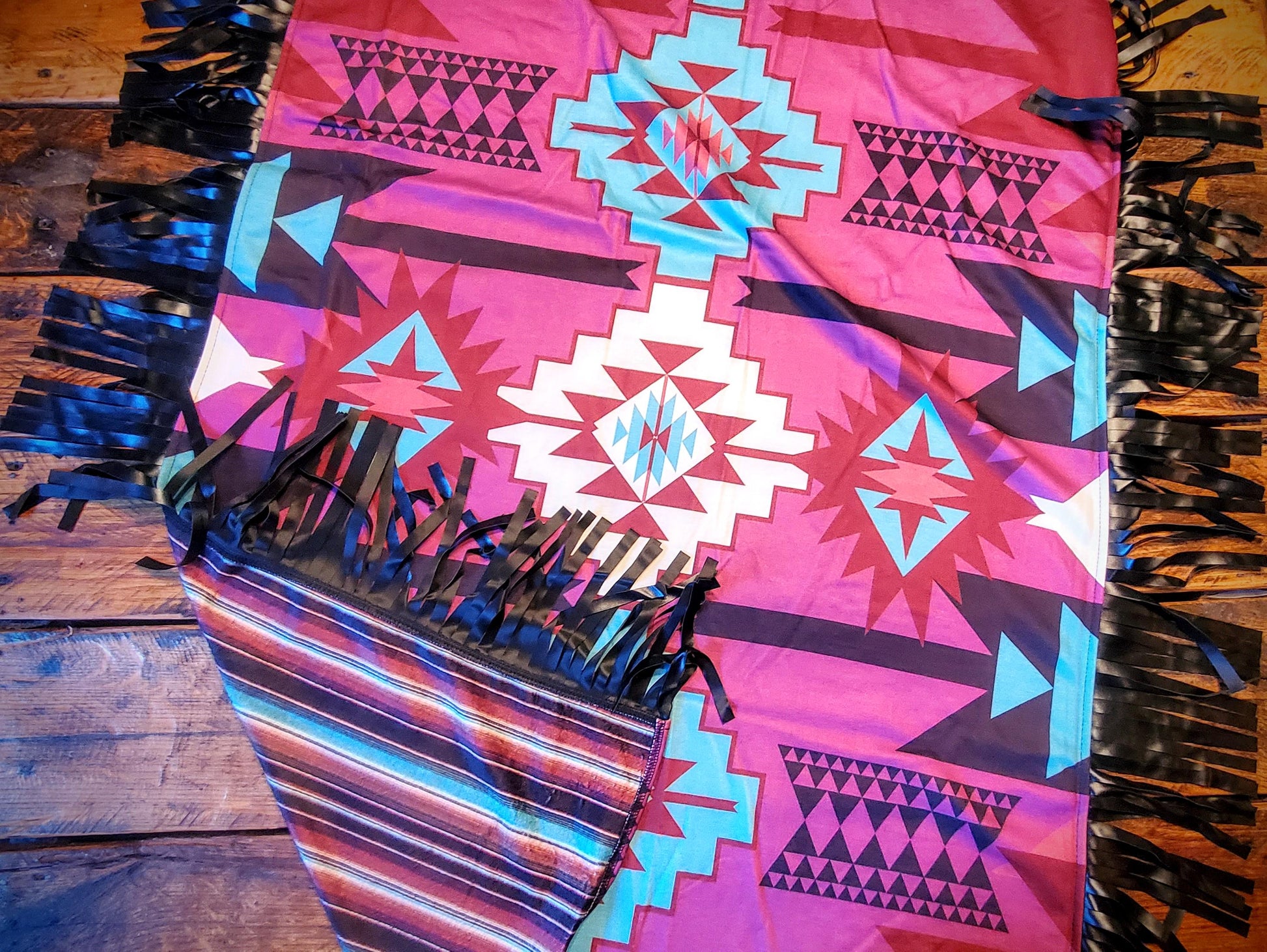 Western Aztec & Serape Flannel Blanket with Leather Fringe - Small or Large Sizes - Great Holiday Christmas Gifts!