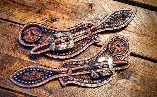 Vintage Style Tooled Leather Spur Straps with Fancy Engraved Buckles & Conchos