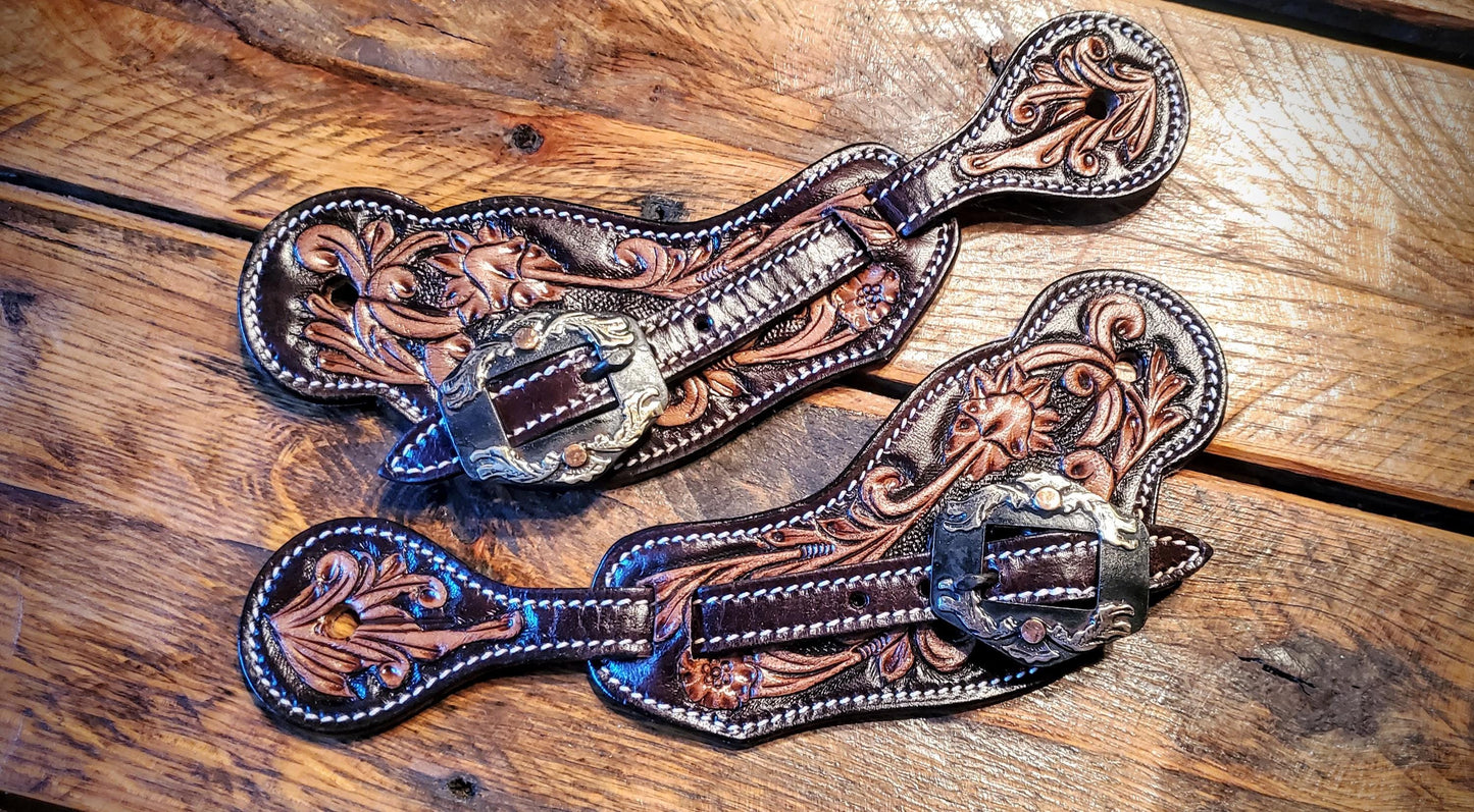 Vintage Style Tooled Leather Spur Straps with Fancy Engraved Buckles & Conchos