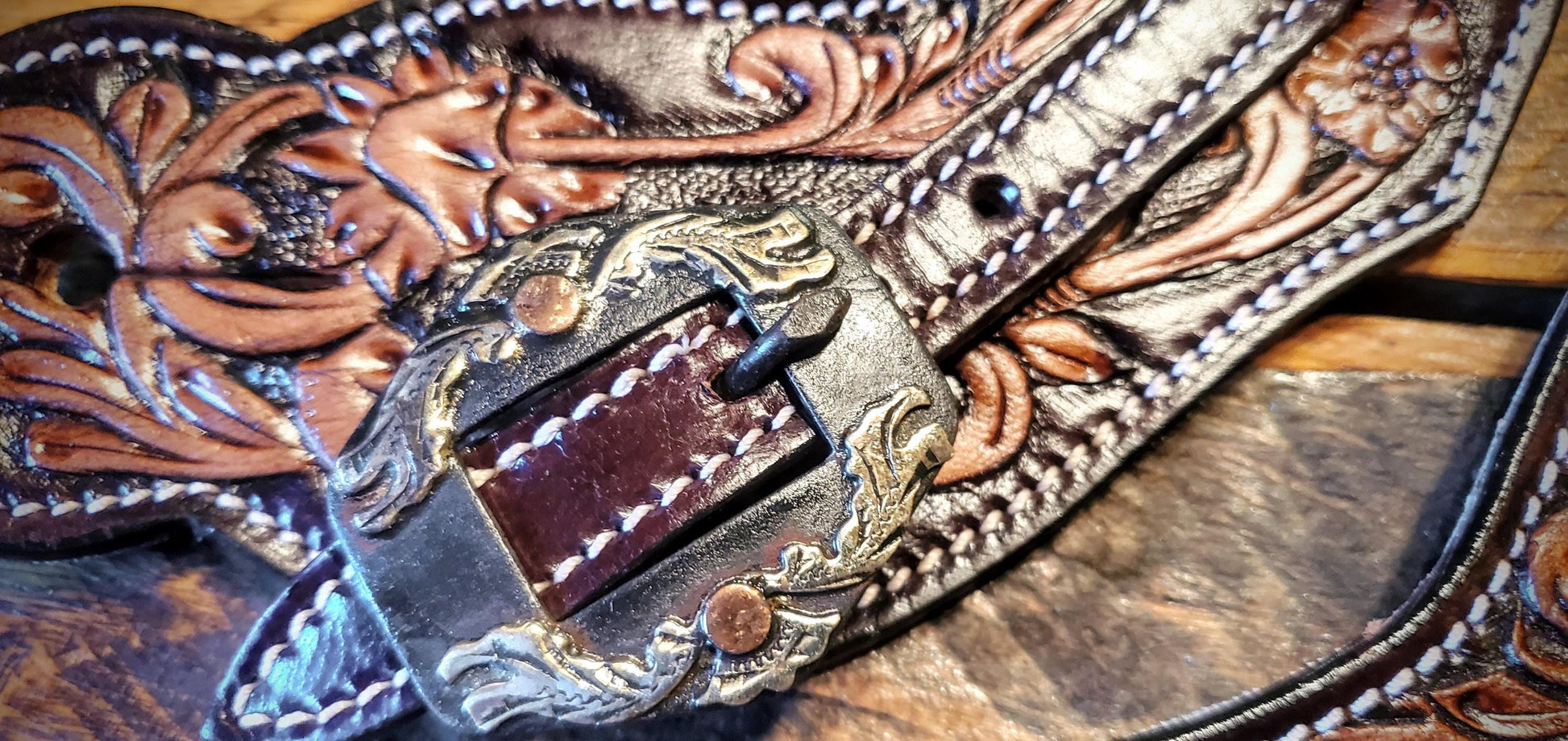 Vintage Style Tooled Leather Spur Straps with Fancy Engraved Buckles & Conchos