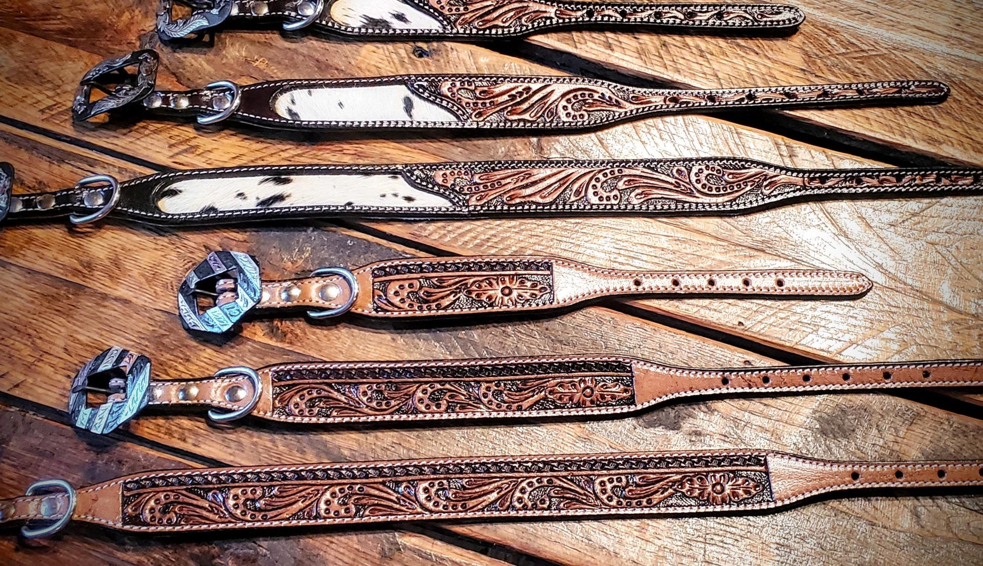 Genuine Hand Tooled Leather Dog Collars with Fancy Engraved Buckles - Great Gifts & Stocking Stuffers!