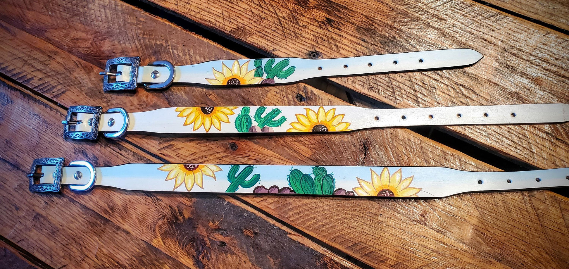 Genuine Hand Painted Sunflower Cactus Leather Dog Collars with Fancy Engraved Buckles - Great Gifts & Stocking Stuffers!