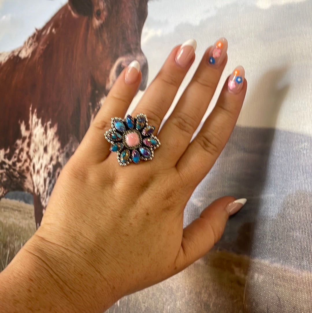 “Buy Me Flowers” Sterling Silver, Blue Mojave & Pink Conch Adjustable Ring