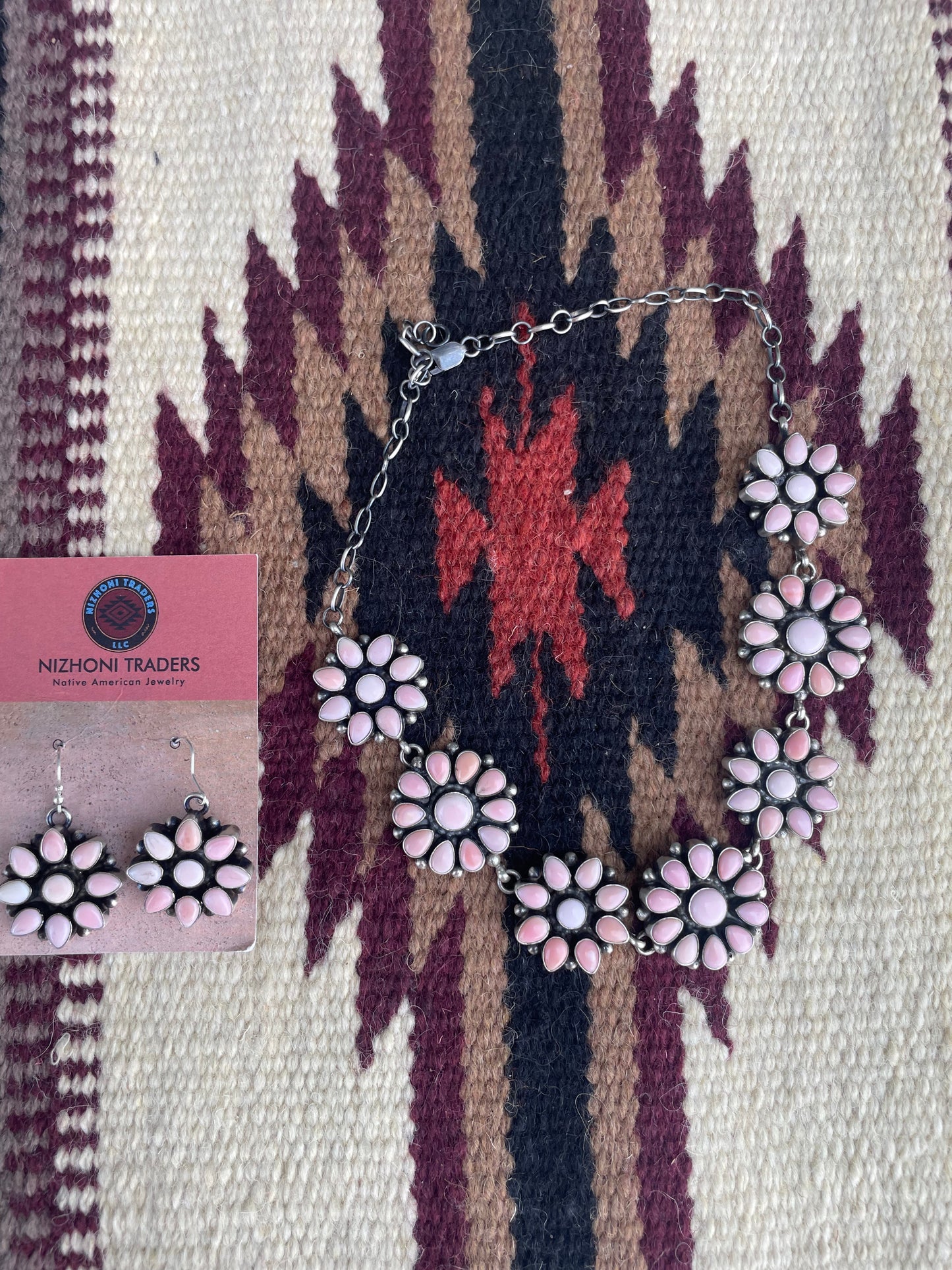 “The Delaney” Navajo Queen Pink Conch Shell And Sterling Silver Necklace Earrings Set Signed