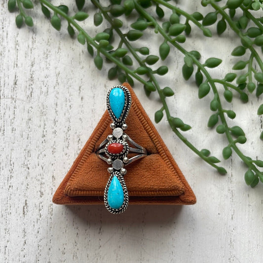 “Triple Stone” Navajo Turquoise, Coral And Sterling Silver Ring