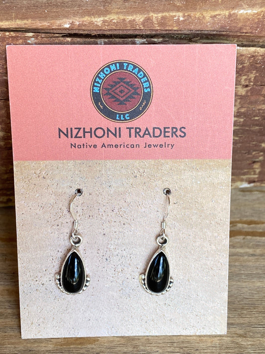 Beautiful Navajo Sterling Silver Black Onyx Teardrop Dangle Earrings