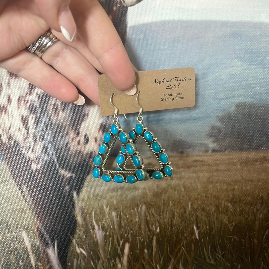 Beautiful Handmade Sleeping Beauty Turquoise Triangle Wire Dangle Earrings By Dan Dobson