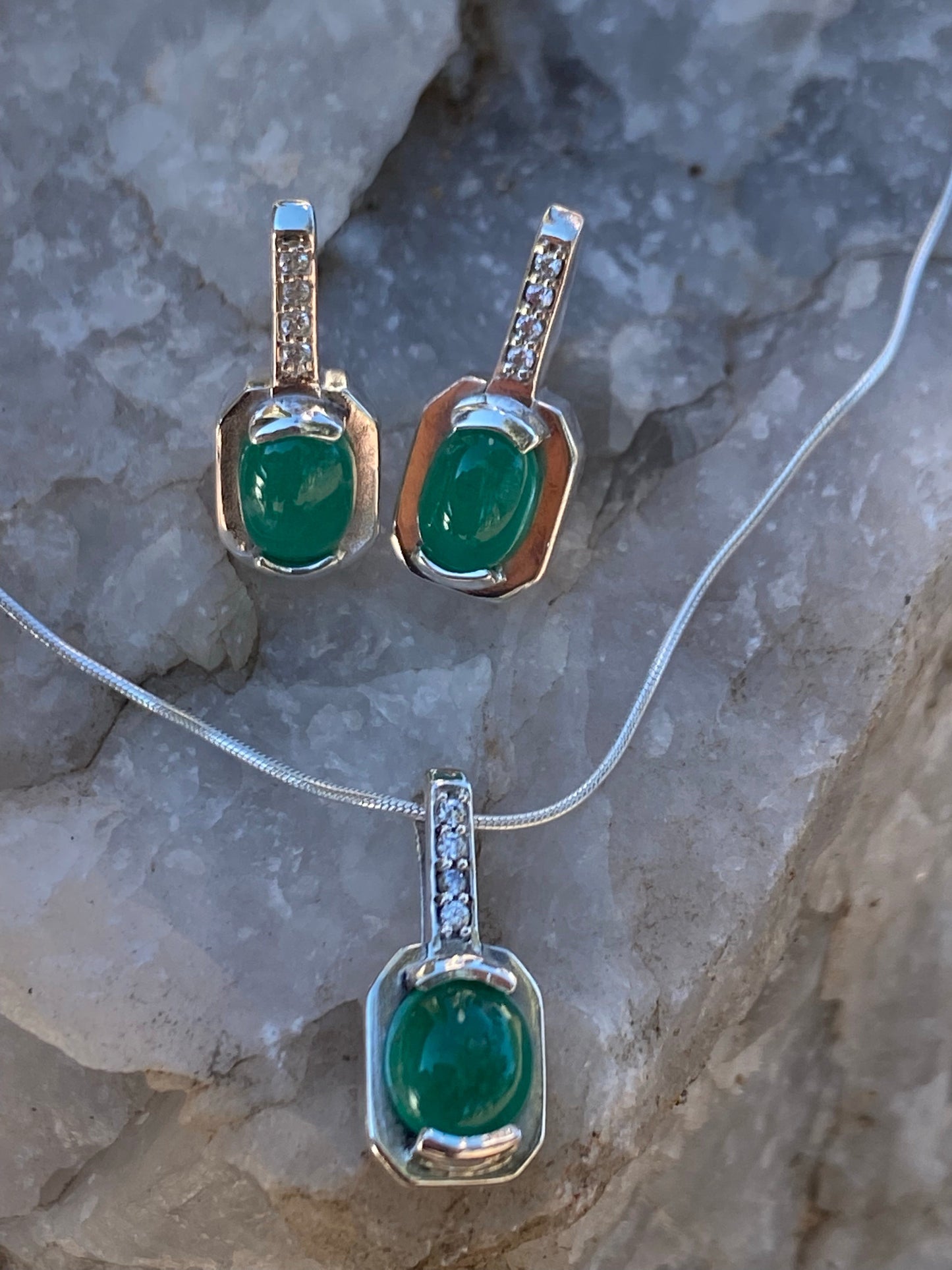 Colombian Emerald Necklace & Earrings Set in Sterling Silver dangles 1ct set 5