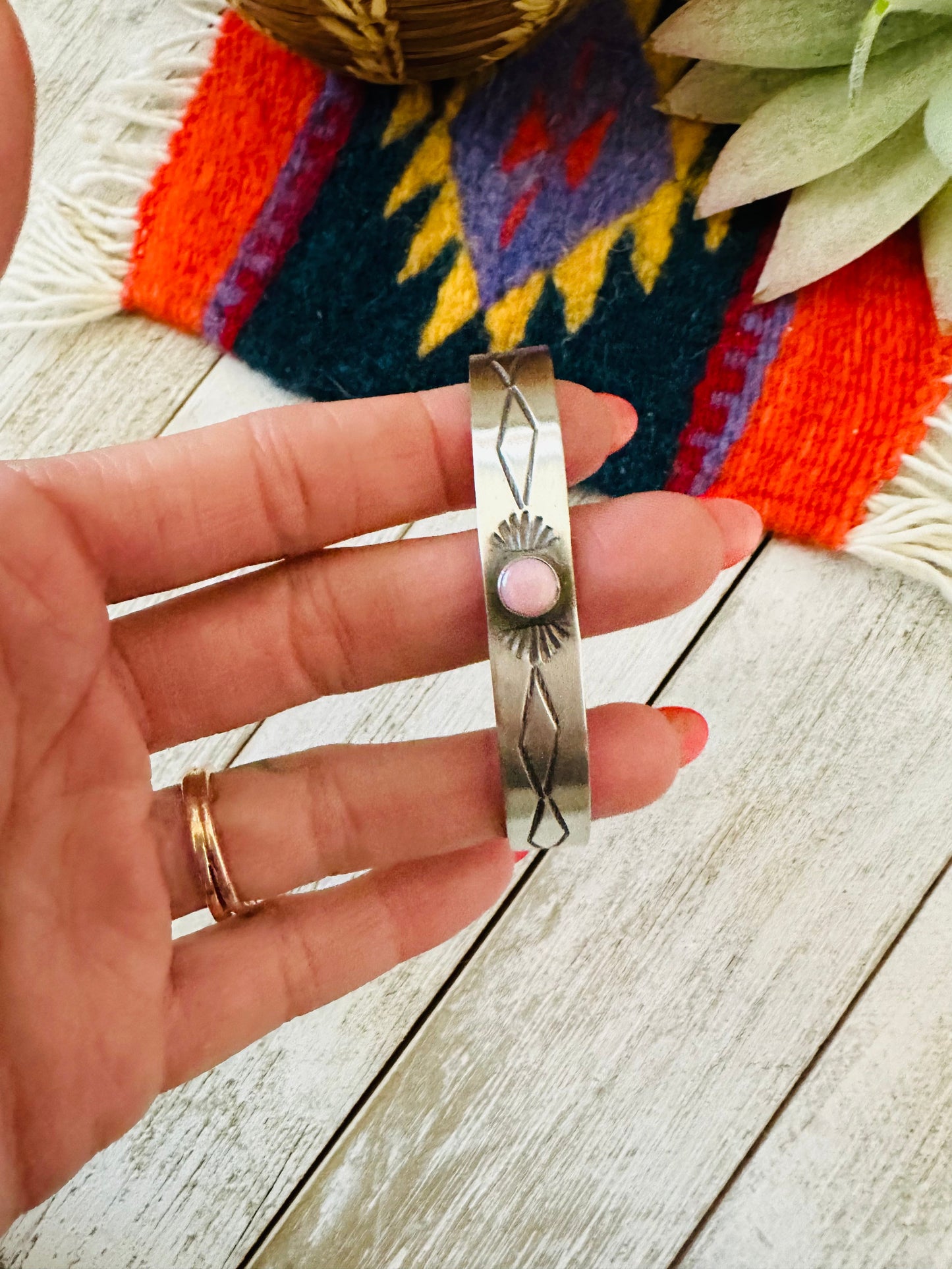 Navajo Queen Pink Conch Shell & Sterling Silver Cuff Bracelet