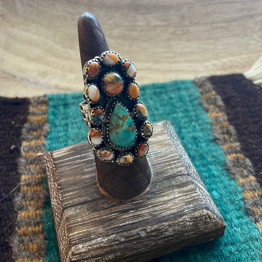 Beautiful Handmade Turquoise, Spice And Sterling Silver Adjustable Ring Signed Nizhoni